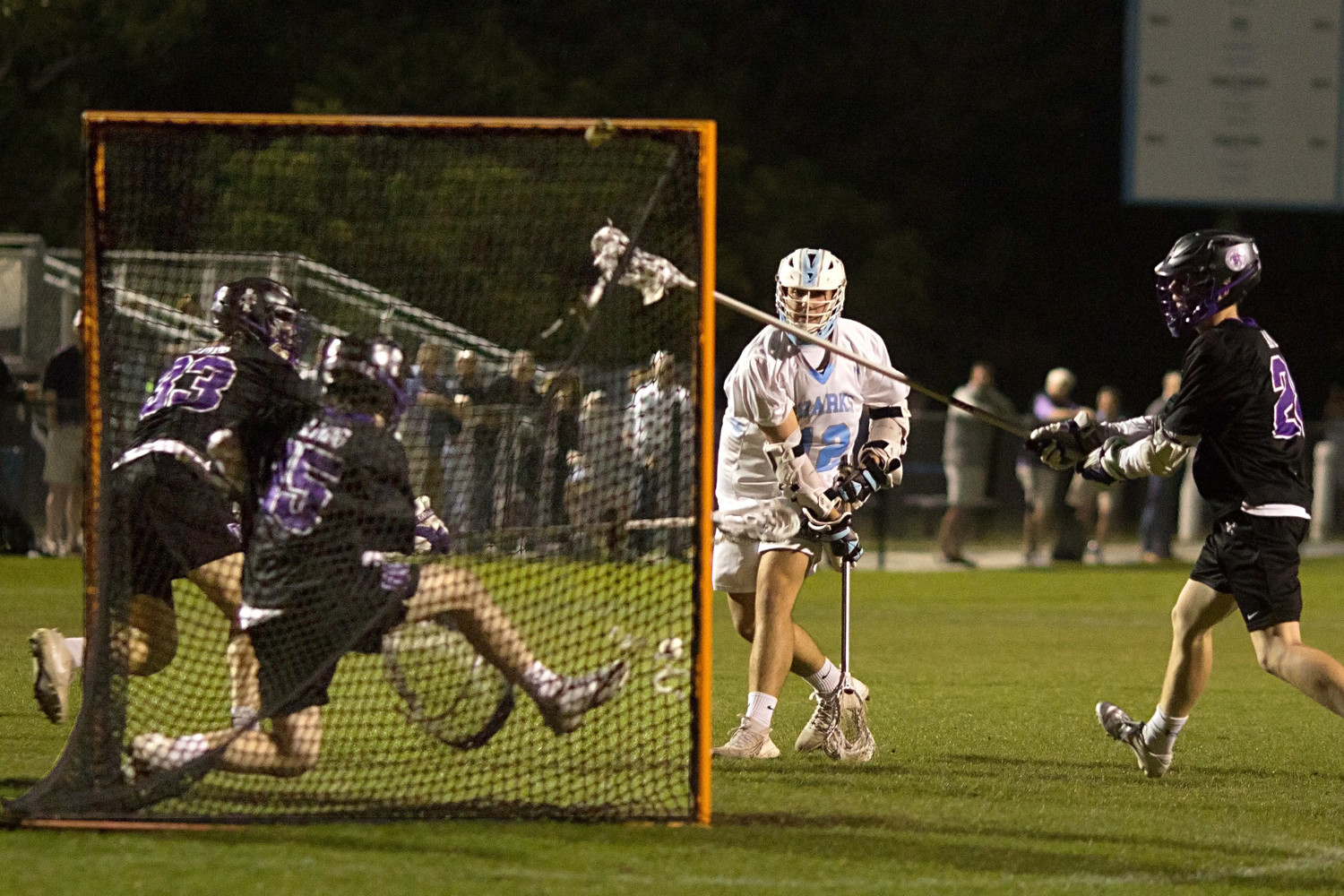 Walker Azzaro of the Sharks fires a low shot that is blocked by the Gonzaga goalie.